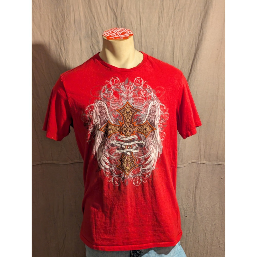Avirex Graphic Tee Mens L Red Excellent Gothic Cross Angel Wings Y2K Streetwear